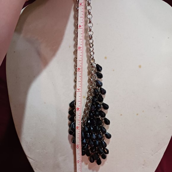 Handmade Silver Tone Black Onyx Waterfall Chainmail Bib Statement Necklace - Picture 7 of 11